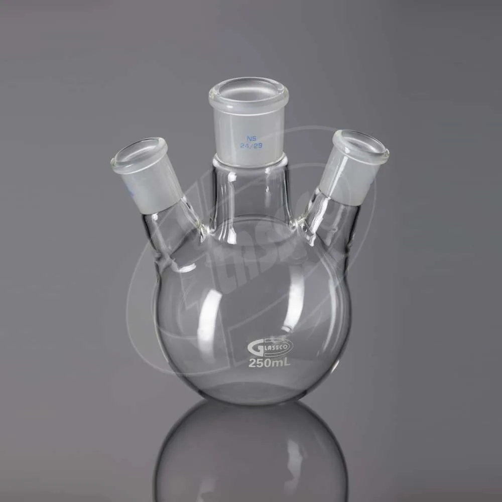 Order Now 3.3 Boro Glass Round Bottom Flasks, 3 Necks Angular, ASTM