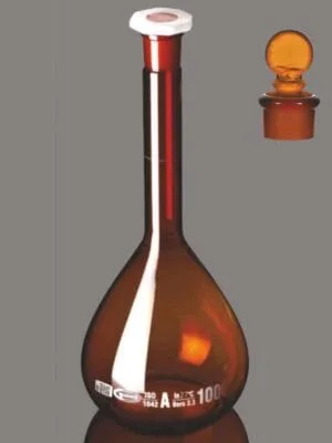 Flask, Volumetric, Amber, Class A, NABL with Penny Head Glass & PP Stopper, Calibrated at 27°C 130.508.01A