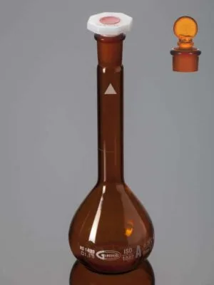 Flask, Volumetric, White mark, Amber, Class A with Penny Head glass & PP Stopper, Individual Work Certificate, DIN ISO 1042 130.580.01A