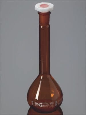 Flask, Volumetric, Amber Narrow Mouth Class A with Penny Head glass & PE Stopper, Calibrated at 27°C