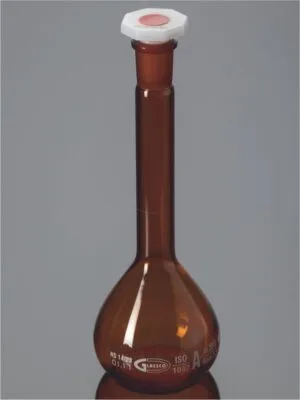 Flask, Volumetric, Amber Narrow Mouth Class A with Penny Head glass & PE Stopper, Calibrated at 27°C