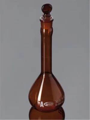 Amber Volumetric Flask Wide Mouth Class A Penny Head glass PE Stopper Calibrated 27°C