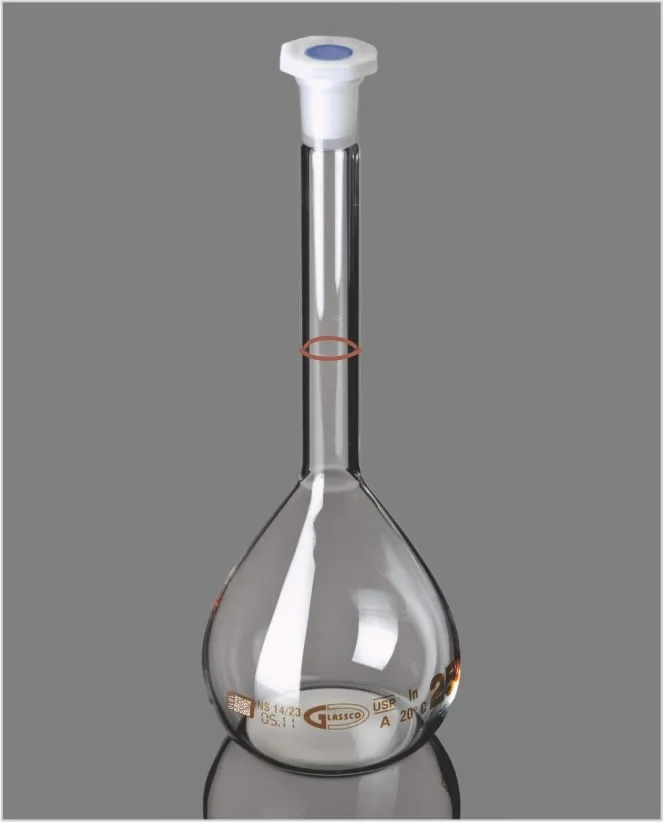 Clear Volumetric Flask Wide Mouth Class A USP QR Coded Penny Head glass PE Stopper Calibrated 20°C