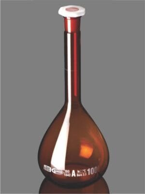 Amber Volumetric Flask Wide Mouth Class A USP QR Coded Penny Head Glass Plastic Stopper Calibrated 20°C